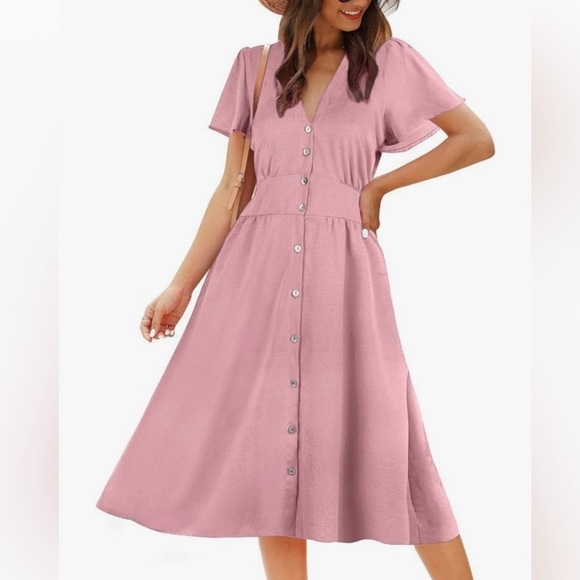 Pink Button-Down Flutter Sleeve Dress | Large - Picture 1 of 6